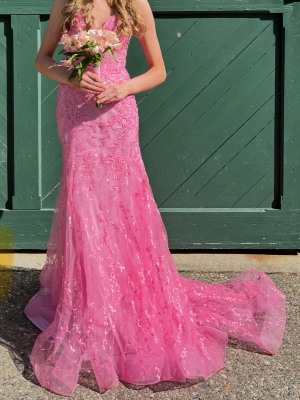 ellie wilde Hot Pink Lace Mermaid Gown